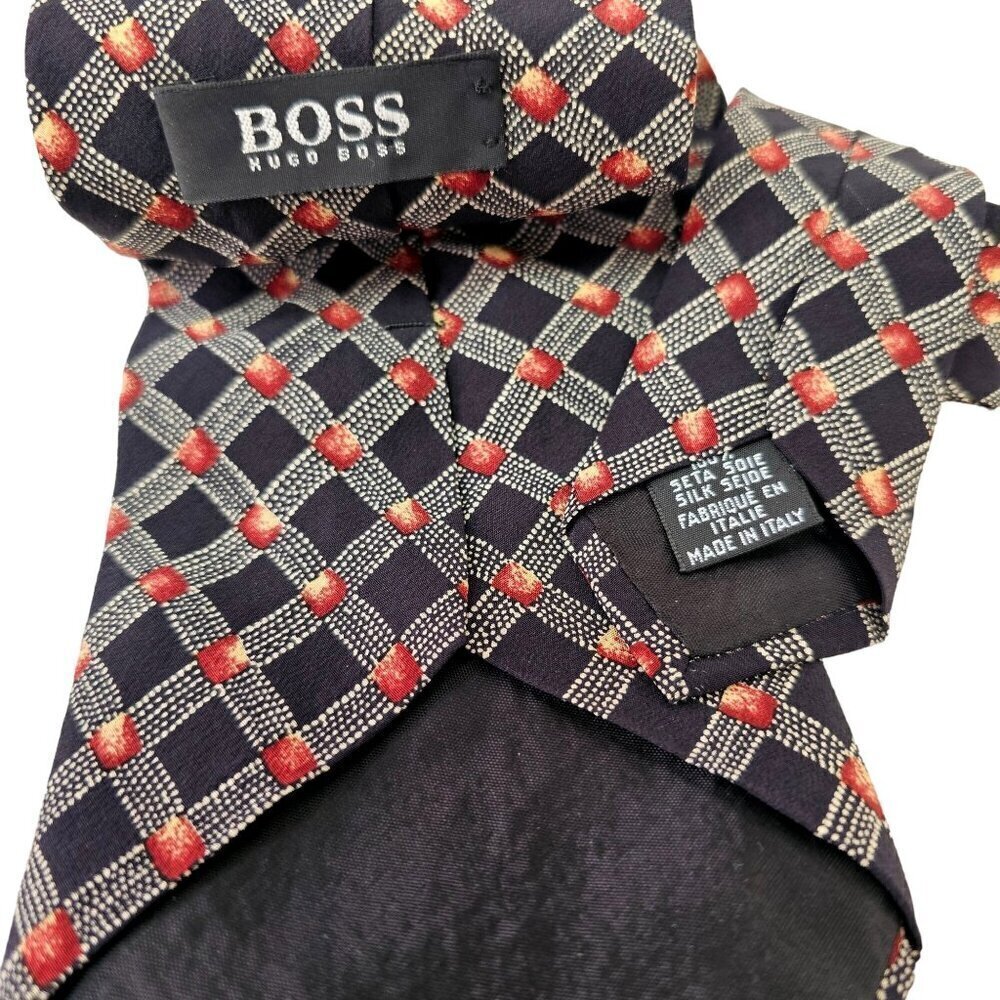 BOSS Hugo Boss Silk Necktie Taupe Grid on Black + Red Made in Italy 4"W x 56